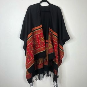 Parsley & Sage black shawl cape scarf fringe floral color block bohemian autumn